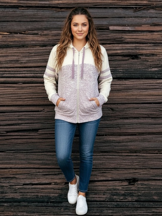 None Tops - Unbranded Purple Ivory Hoodie sweater front zip size medium polka dot drawstring